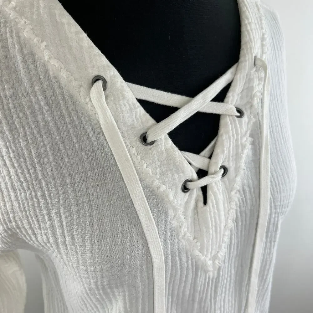 Cloth & Stone White Cotton Gauze Lace Up Neck Long Sleeve Top Blouse X-Small XS
